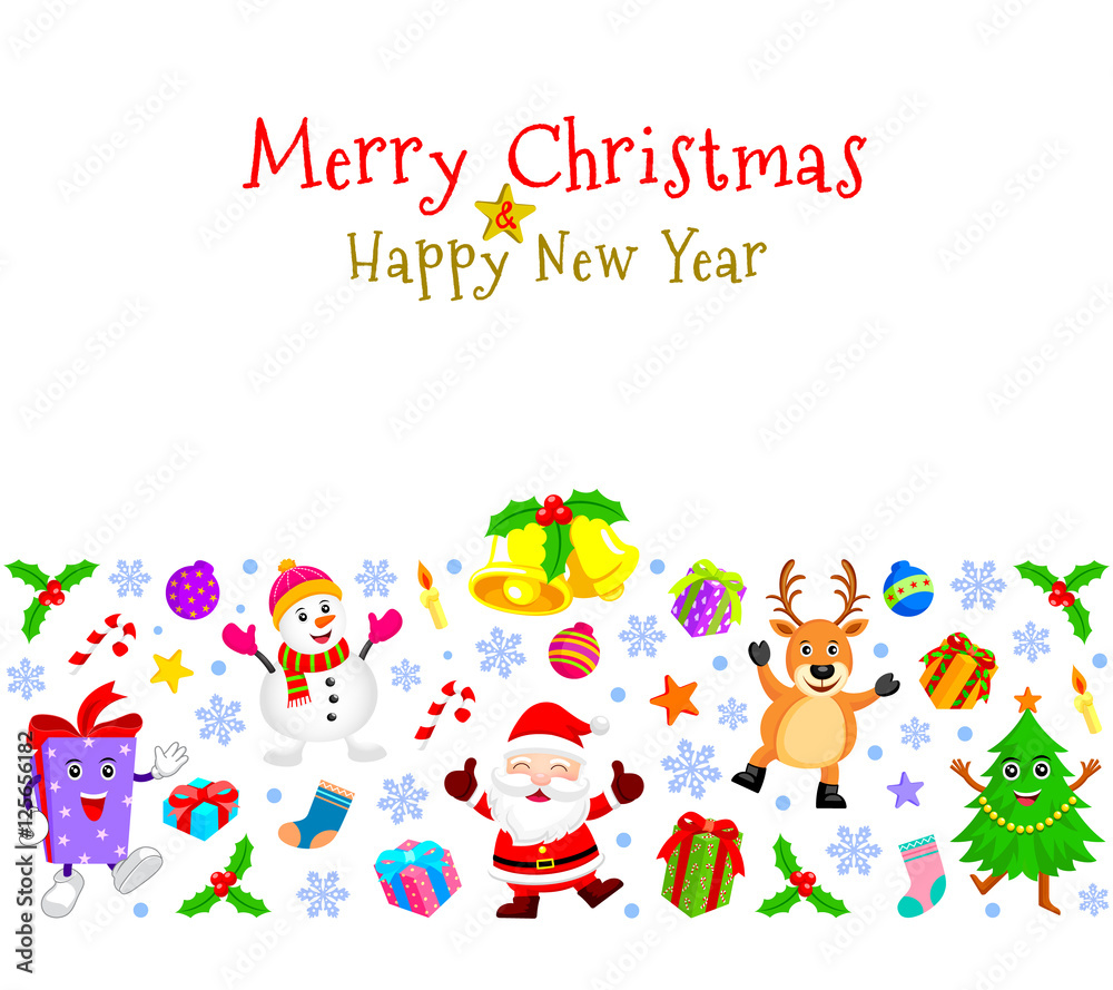 Christmas elements background. Character of Reindeer, Santa claus, Gift box, Xmas tree,Snowman. Illustration,Isolated on white background. Great for special event celebration. Christmas elements background. Character of Reindeer, Santa claus, Gift box, Xmas tree,Snowman. Illustration,Isolated on white background. Great for special event celebration.
