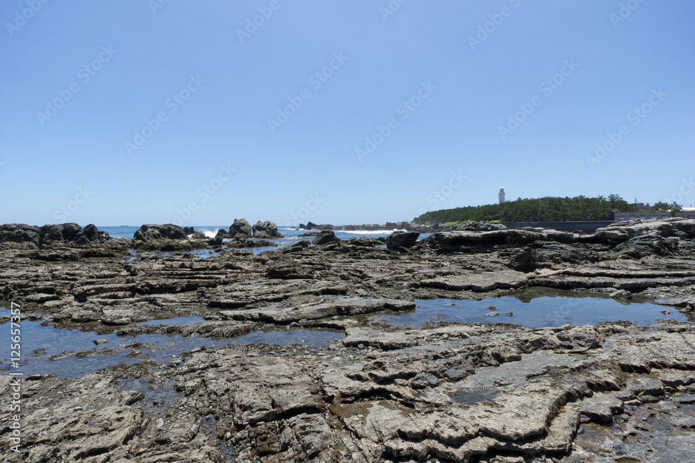 野島崎灯台と波状岩