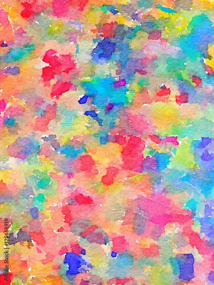 Digital watercolor painting of multi-color paints on fabric. Colors include red, pink, blue, turquoise, green and yellow.