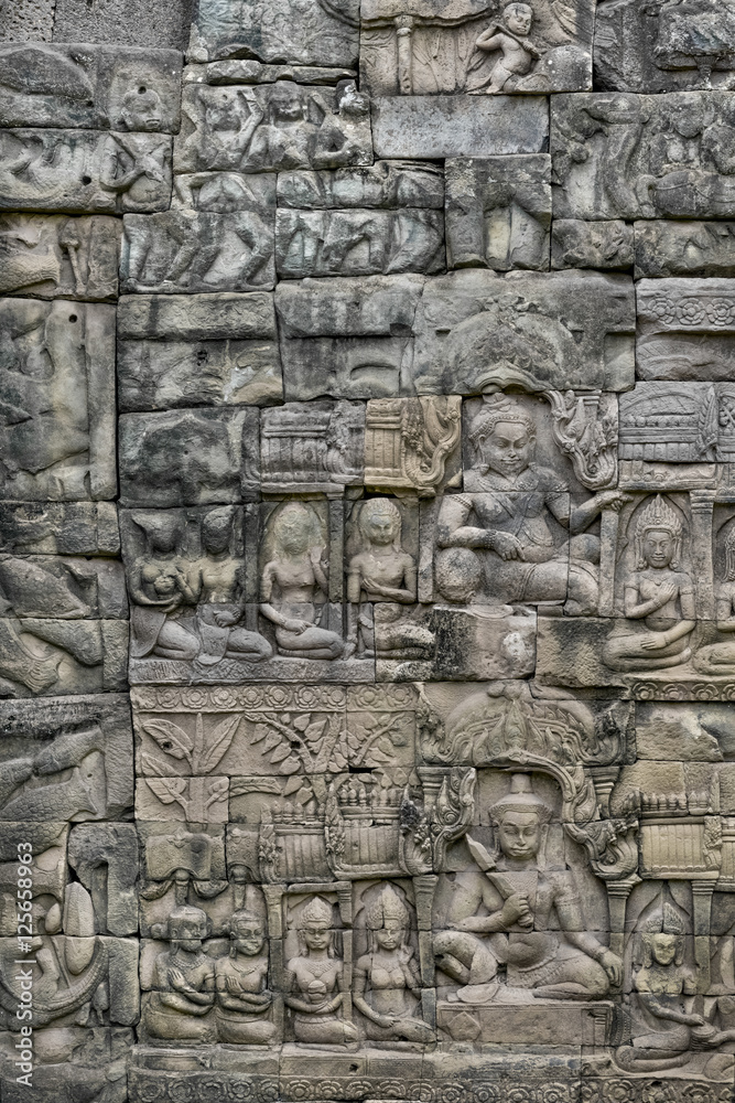 Bas relief carving, mortarless stone wall, Elephant Terrace, Angkor Thom, Siem Reap, Cambodia Bas relief carving, mortarless stone wall, Elephant Terrace, Angkor Thom, Siem Reap, Cambodia