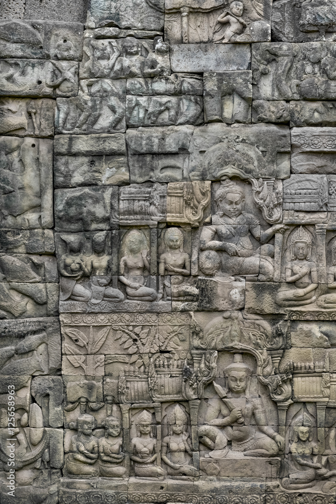 Bas relief carving, mortarless stone wall, Elephant Terrace, Angkor Thom, Siem Reap, Cambodia