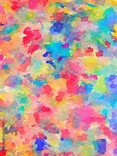 Digital watercolor painting of multi-color paints on fabric. Colors include red  pink  blue  turquoise  green and yellow.