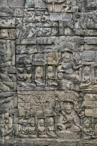 Bas relief carving, mortarless stone wall, Elephant Terrace, Angkor Thom, Siem Reap, Cambodia