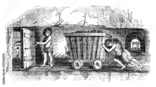 Scenes in coal mines in England, The trapper, vintage engraving.