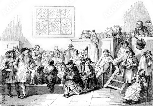A Quaker meeting in the eighteenth century, vintage engraving.