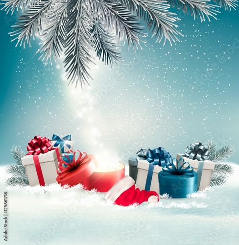 Christmas holiday background with presents and magic box. Vector