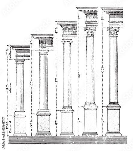 Five orders of Architecture, vintage engraving.