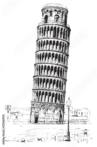 Leaning tower of Pisa or Tower of Pisa, vintage engraving.