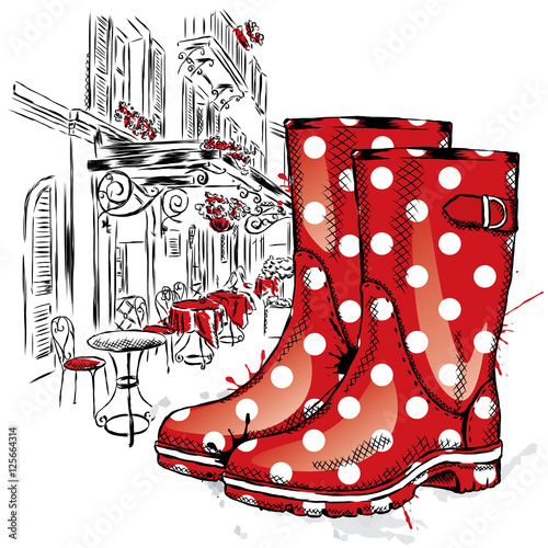 Rubber boots on a background of a city street. Vector illustration for greeting card, poster, or print on clothes. Fashion & Style. Vintage drawing.