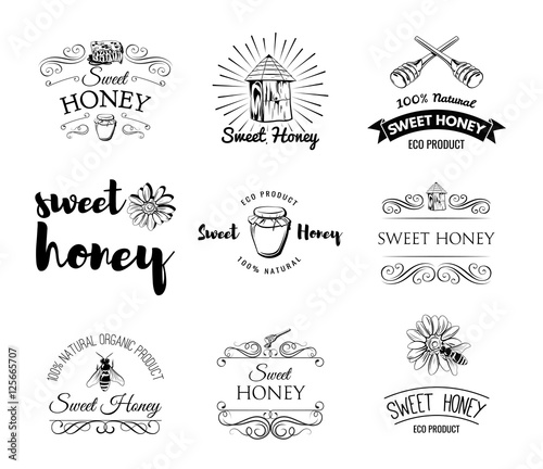 Sweet Honey. Beehive. Spoon of Honey. Flower. Honeycomb. A bee and a jar of Honey. Labels and Badges Set. Illustration Vector Isolated Elements Honey