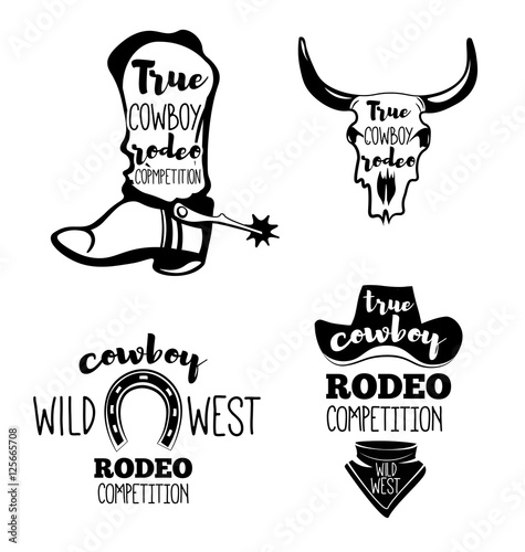 Wild West. Set of vintage rodeo emblems, labels, badges and designed elements.