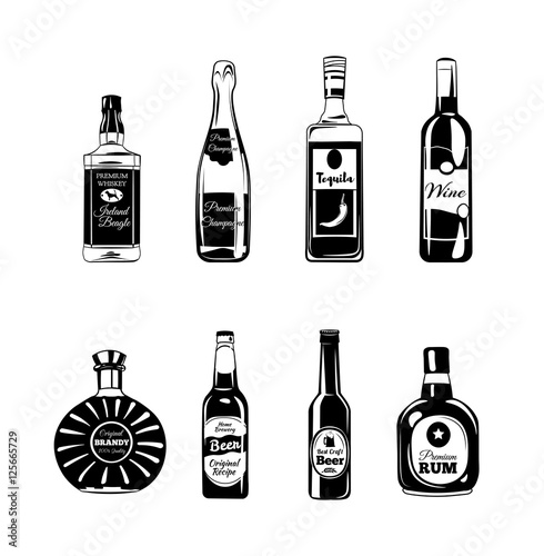 Bottle Alcohol Elements. Tequila, Champagne, Whisky, Wine, Brandy, Beer, Rum.