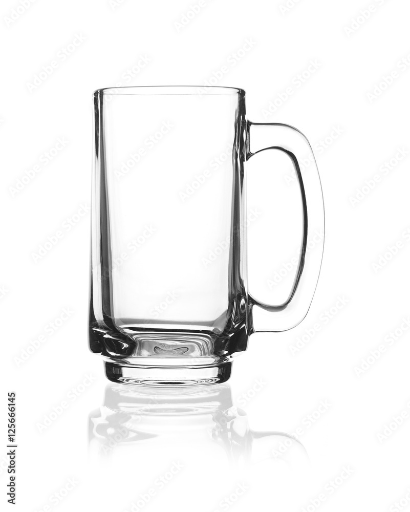 empty clear glass with handle for water, beer, juice or milk on empty clear glass with handle for water, beer, juice or milk on