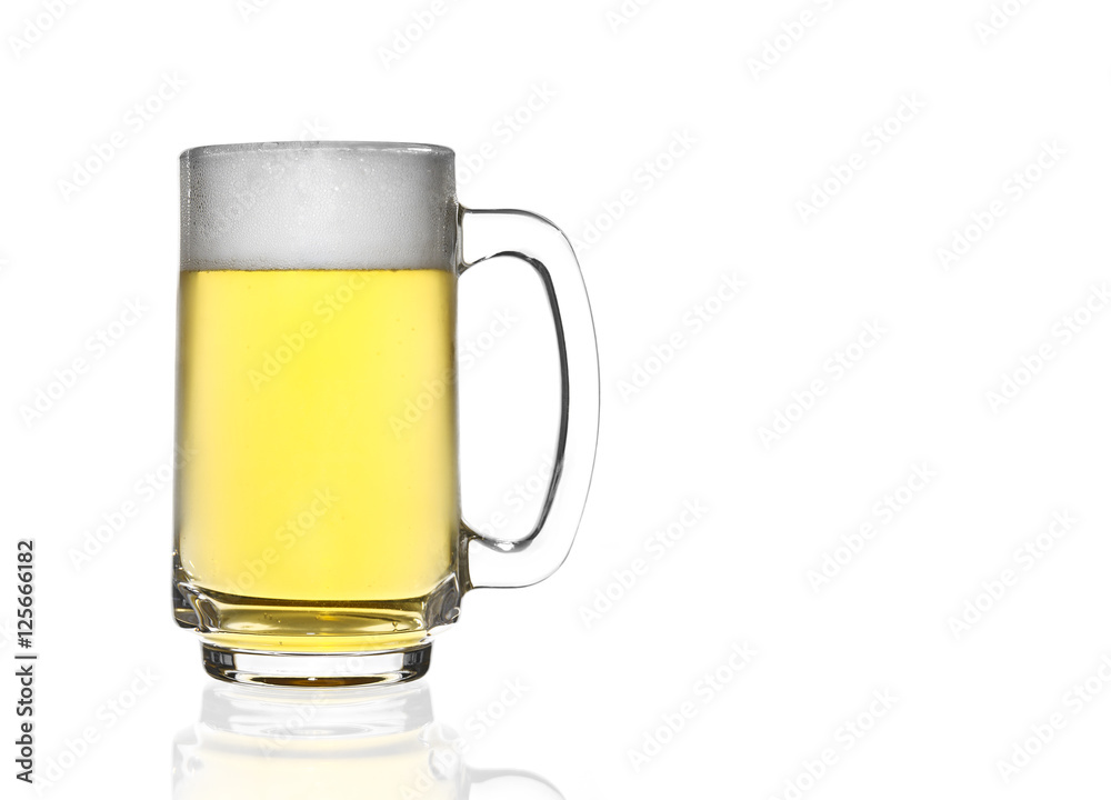 front view frosty light beer and white bubbles in clear glass wi front view frosty light beer and white bubbles in clear glass wi