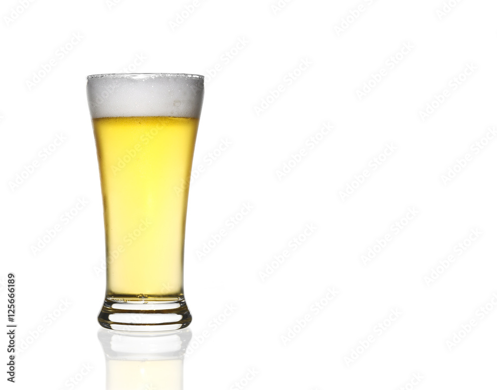 front view frosty light beer full glass in clear glass with whit front view frosty light beer full glass in clear glass with whit