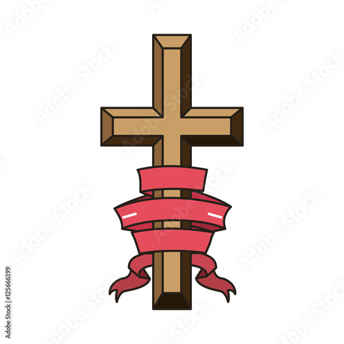 religious cross icon with ribbon over white background. catholic and christian religion design. vector illustration