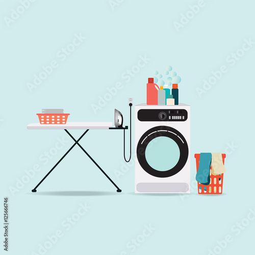 Laundry room with washing machine and ironing board.