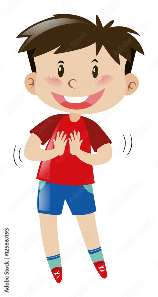 Fototapeta premium Little boy in red shirt and blue shorts