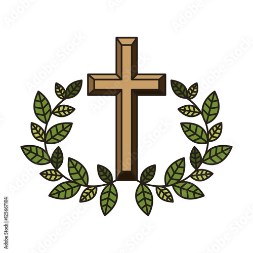 religious cross icon with leaves frame  over white background. catholic and christian religion design. vector illustration