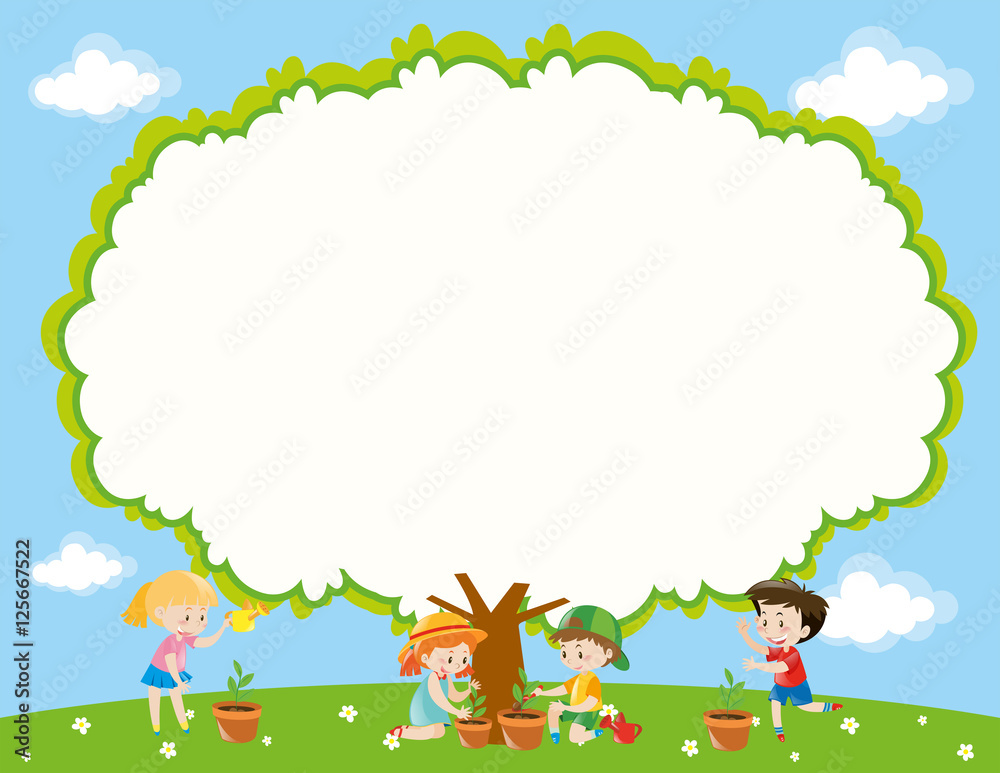 Obraz premium Frame template with kids planting tree in garden
