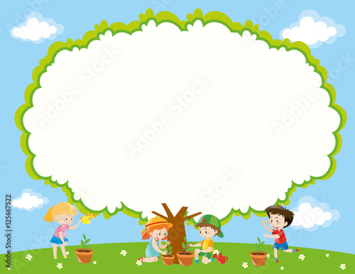 Frame template with kids planting tree in garden