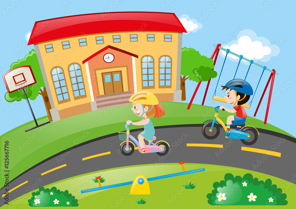 Naklejka premium Boy and girl cycling on road