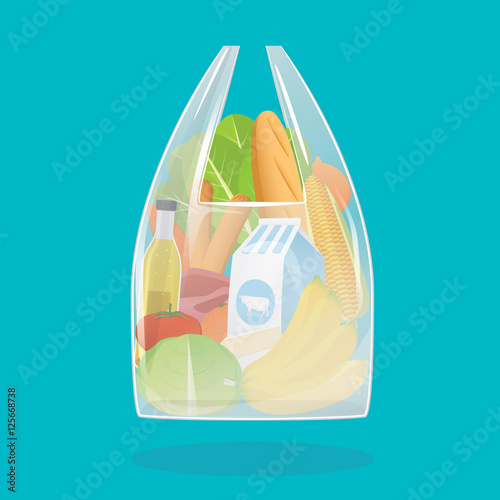 Vector illustration of shopping plastic bag with groceries products.