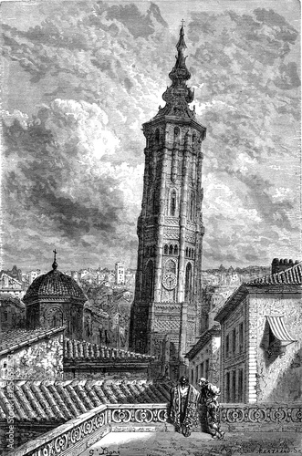 The Leaning Tower (Torrenueva) in Zaragoza, vintage engraving. photo