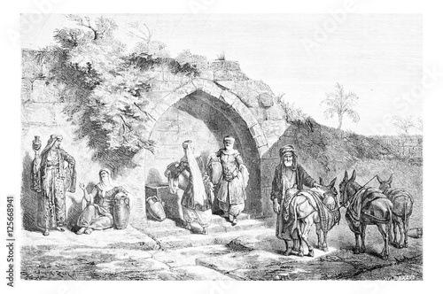 Foto Mary?s Well in Nazareth in Israel, vintage engraving