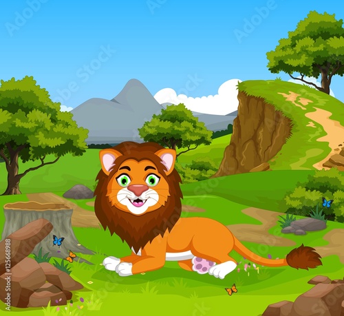 Fototapeta Naklejka Na Ścianę i Meble -  funny lion cartoon in the jungle with landscape background