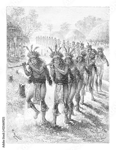 Native Music and Dance in Oiapoque, Brazil, vintage engraving photo