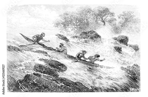 Navigating the Rapids in Oiapoque, Brazil, vintage engraving photo