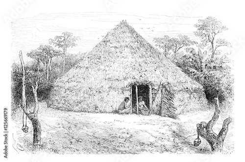 Dwellings of the Orejone Indians in Amazonas, Brazil, vintage en photo
