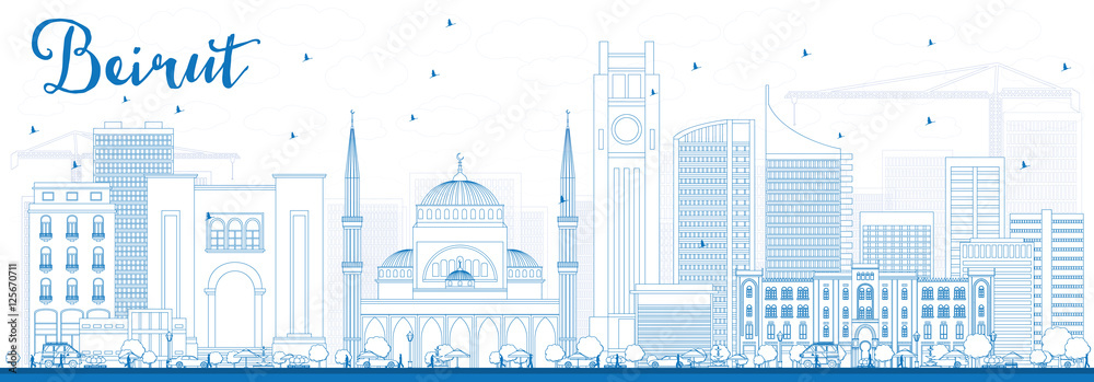 Fototapeta premium Zarysuj panoramę Bejrutu z niebieskimi budynkami.