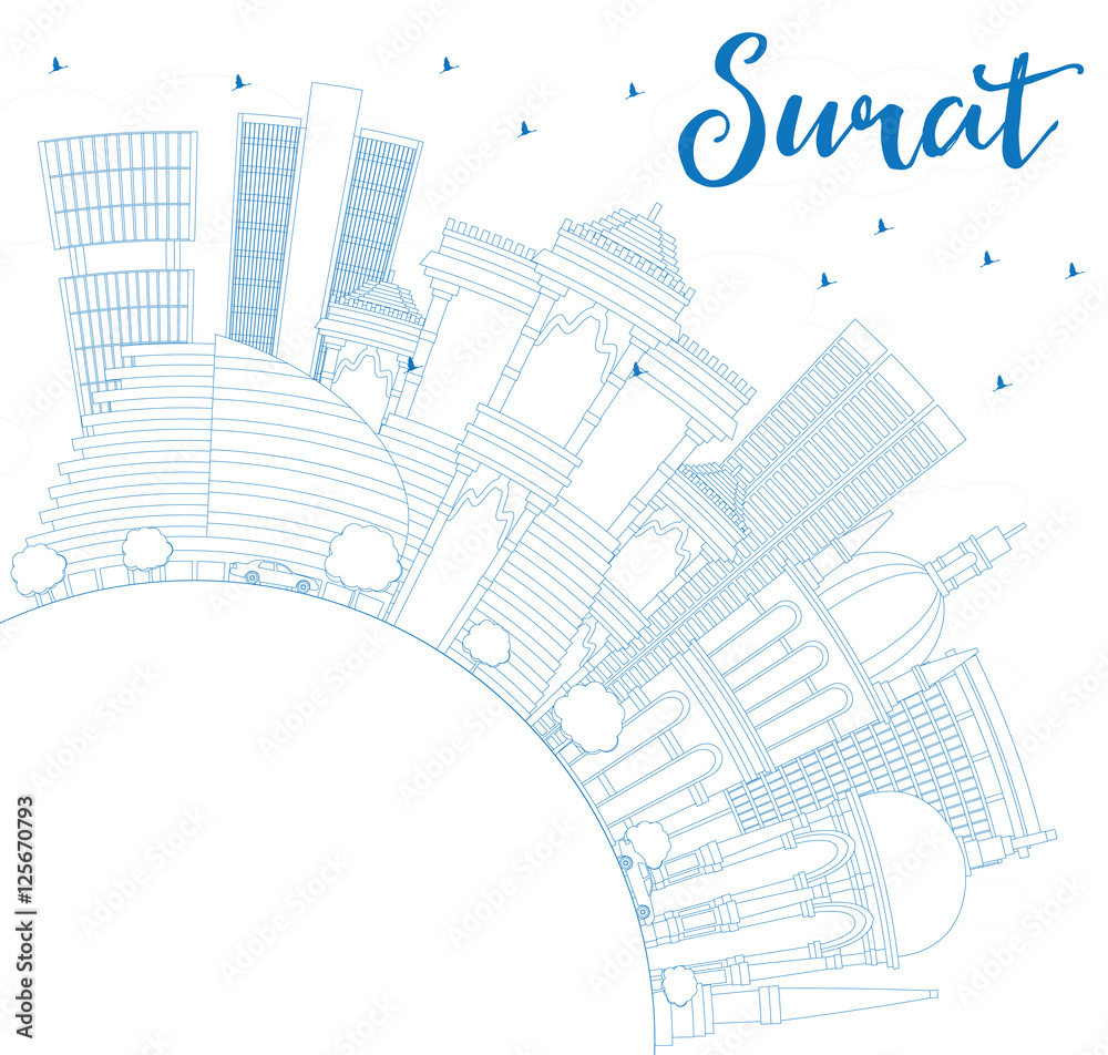Fototapeta premium Outline Surat Skyline with Blue Buildings and Copy Space.