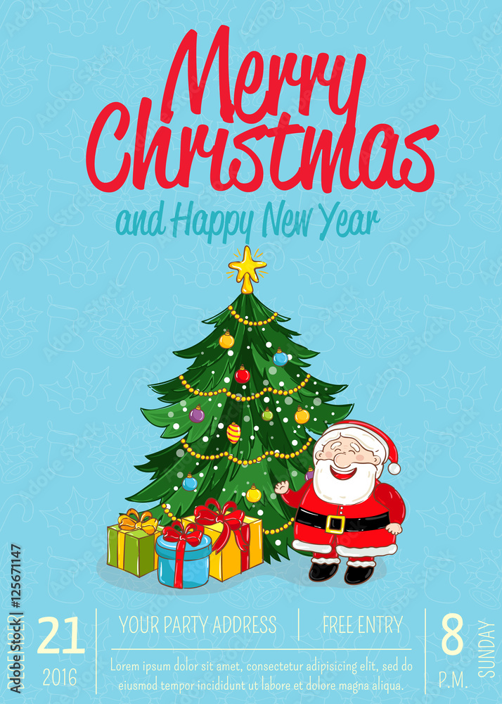 Christmas party promo poster with date and time. Santa, wrapped gifts, decorated toys Christmas tree cartoon vector on blue background. Merry Christmas and Happy New Year greetings. Xmas celebrating