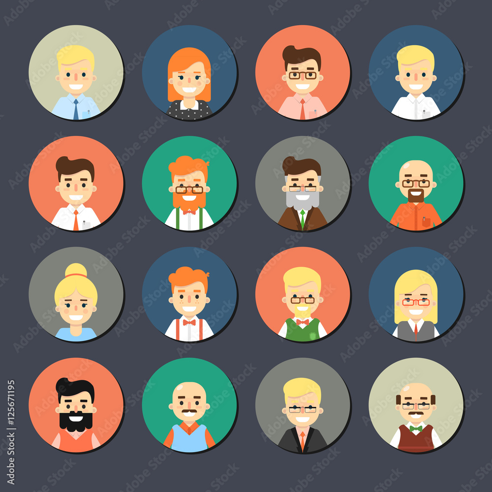 Various smiling cartoon faces, round icons set. Group of cute happy diverse business people, vector illustrations isolated on gray background. Avatars collection in flat design Various smiling cartoon faces, round icons set. Group of cute happy diverse business people, vector illustrations isolated on gray background. Avatars collection in flat design
