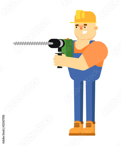 Worker builder in uniform and helmet holding professional perforator isolated on white background vector illustration. Smiling construction worker character in flat design.