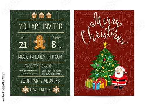 Invitation on Christmas party with date and time. Cute Santa, wrapped gifts, decorated christmas tree, gingerbread cookies cartoon vector. Merry Christmas and happy New Year greeting. Xmas celebrating