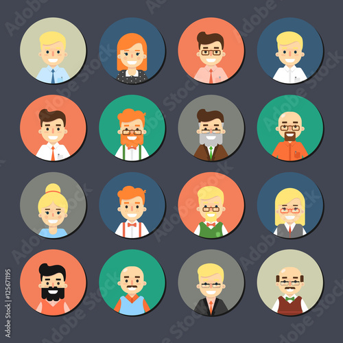 Various smiling cartoon faces, round icons set. Group of cute happy diverse business people, vector illustrations isolated on gray background. Avatars collection in flat design