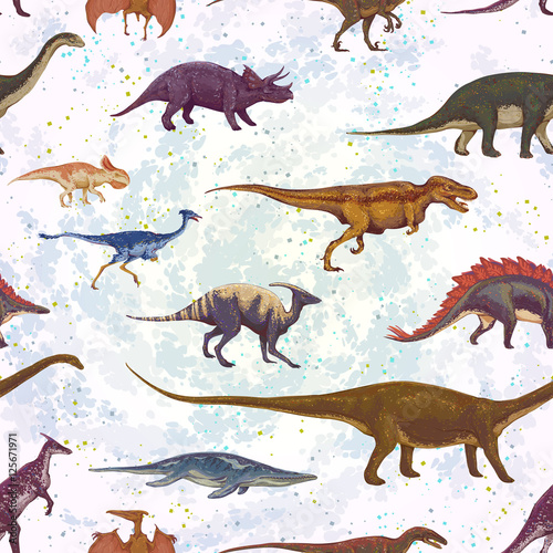 Fototapeta Naklejka Na Ścianę i Meble -  Seamless pattern, endless repeatable background with silhouettes set of skeletons of dinosaurs and fossils. Hand drawn vector illustration. Comparison of realistic size, separated elements.