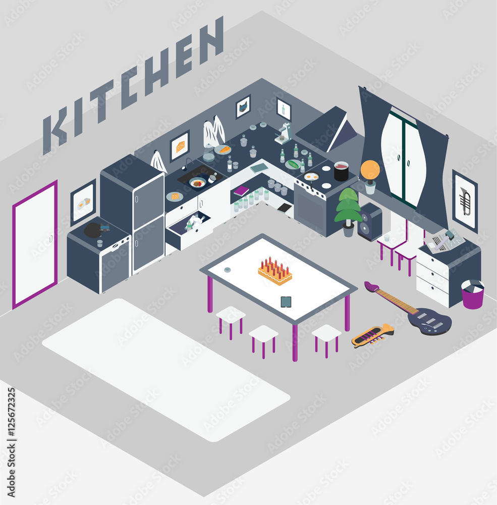 Kitchen with furniture. and Flat style vector illustration. Kitchen with furniture. and Flat style vector illustration.