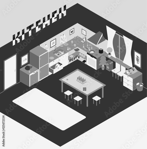 Kitchen with furniture. and Flat style vector illustration.