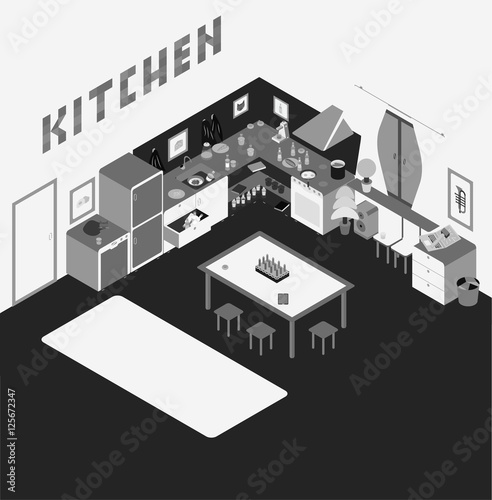 Kitchen with furniture. and Flat style vector illustration.