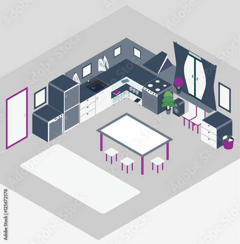 Kitchen with furniture. and Flat style vector illustration.