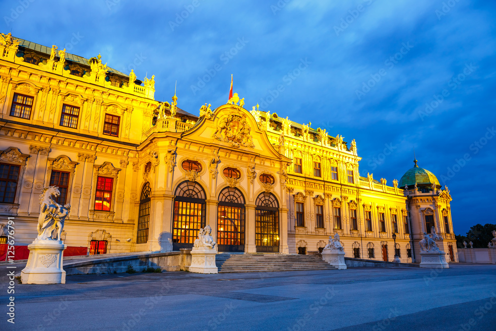 Night view of Belvedere palace  in Vienna, Austria