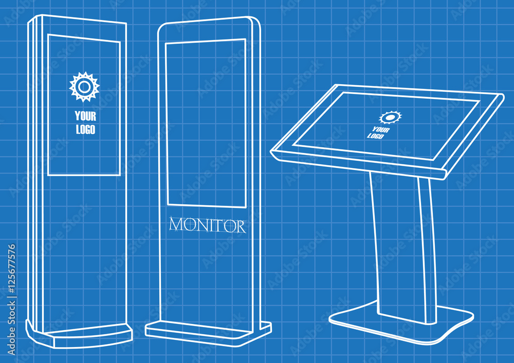 Blueprint of Promotional Interactive Information Kiosk, Advertising Display, Terminal Stand, Touch Screen Display. Mock Up Template. Blueprint of Promotional Interactive Information Kiosk, Advertising Display, Terminal Stand, Touch Screen Display. Mock Up Template.