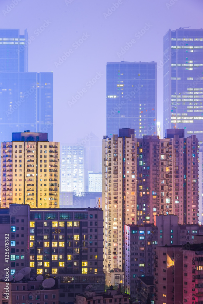 illuminated modern buildings at night in China. illuminated modern buildings at night in China.