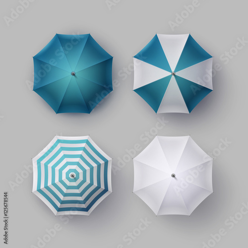 Set of White Blue Striped Opened Round Rain Umbrella Sunshade