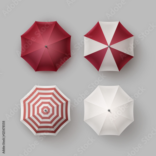 Set of White Red Striped Opened Rain Umbrella Parasol Sunshade